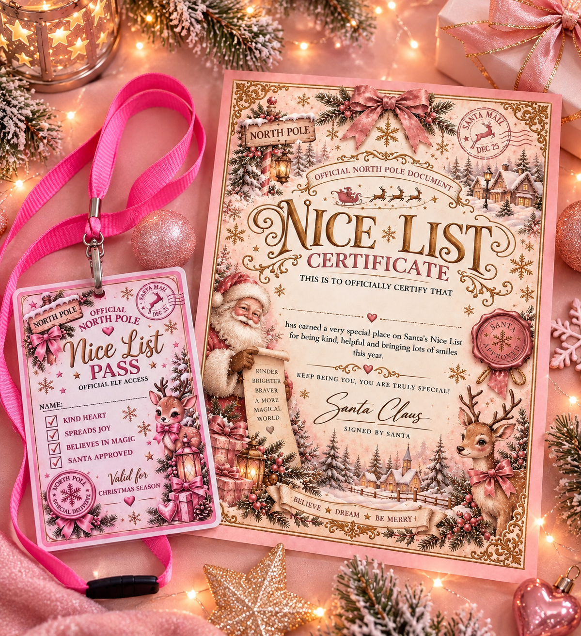 A festive Christmas-themed 'Nice List' certificate and matching 'Nice List Pass' lanyard, styled in a cozy holiday flat-lay with warm string lights, pine branches, and gold ornaments.