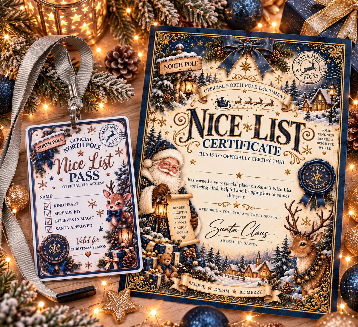 A festive Christmas-themed 'Nice List' certificate and matching pass set displayed on a decorated holiday background with lights, ornaments, and pinecones. The certificate features Santa Claus, reindeer, snow-covered cabins, and gold ornamental borders, while the matching pass shows holiday checklist items and Santa's face.