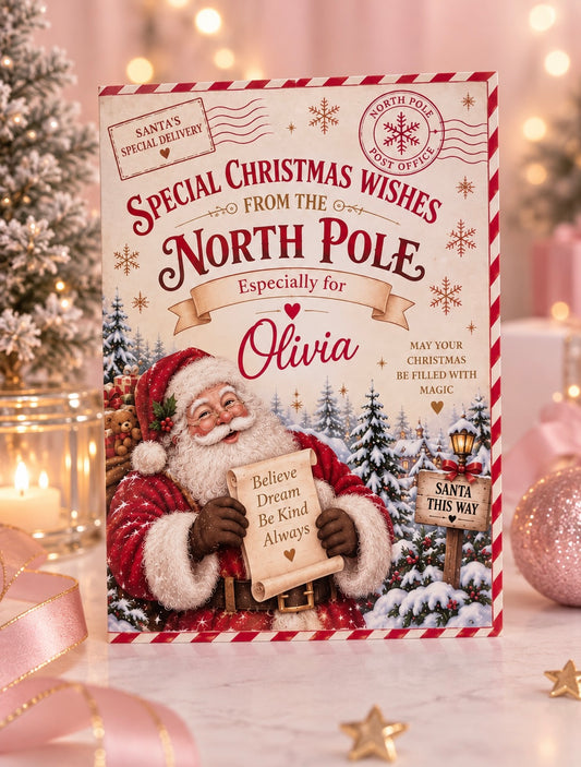 A personalized Christmas greeting card featuring Santa Claus holding a sign with the name 'Olivia', set against a festive holiday background with warm bokeh lights and Christmas decorations.