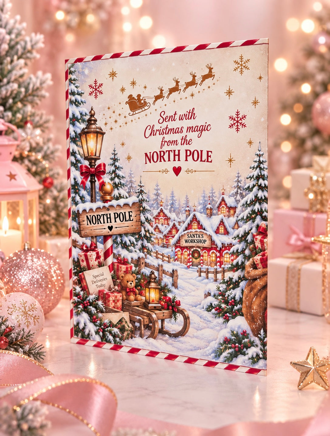 A Christmas greeting card featuring a festive winter village scene with snow-covered trees, sleighs, gifts, and the text 'Sent with Christmas magic from the NORTH POLE'. The card is displayed on a tabletop surrounded by holiday decorations, including a lit Christmas tree, pink ribbons, wrapped presents, and warm bokeh lights in the background.