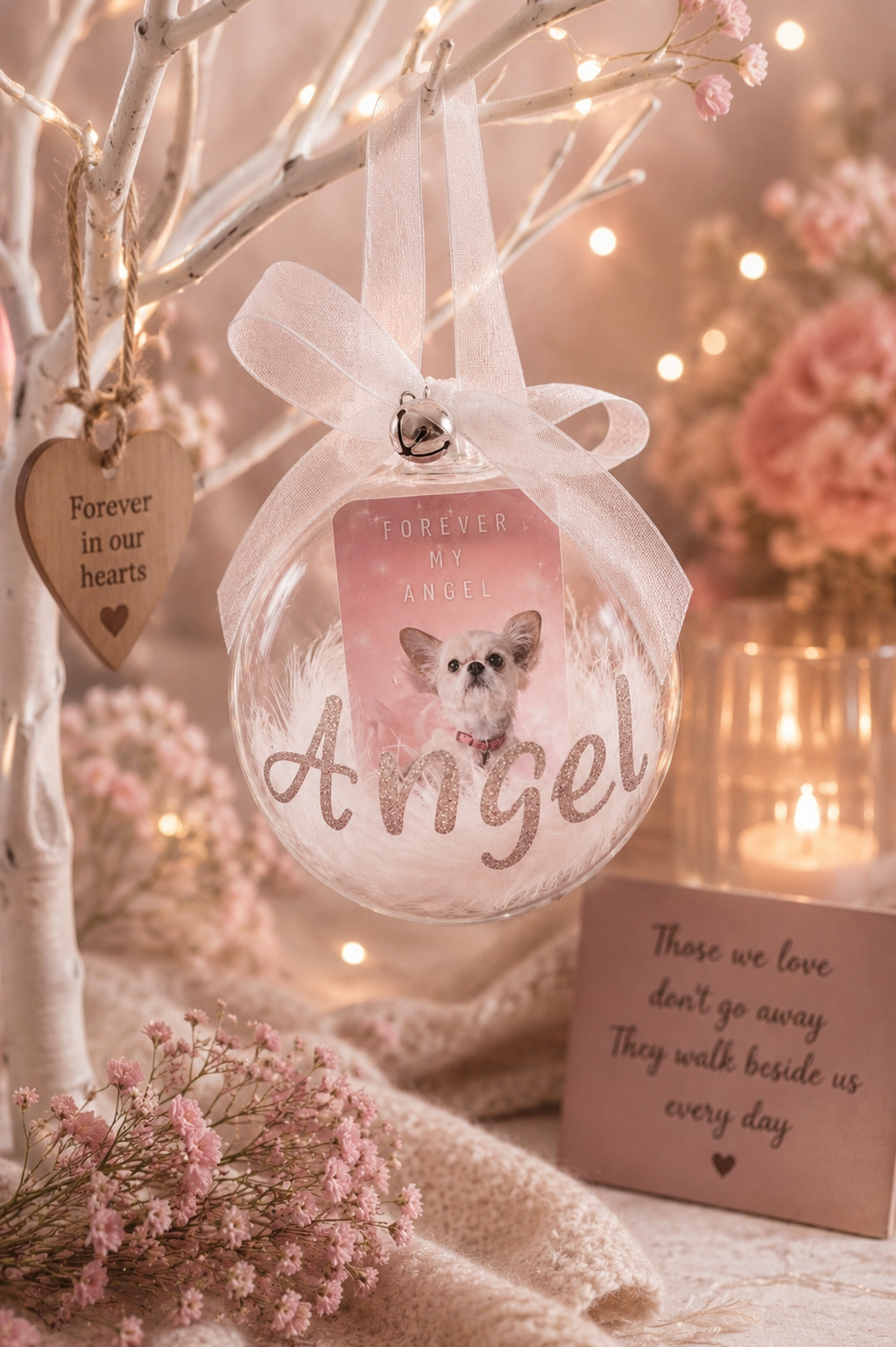 A clear acrylic memorial Christmas ornament decorated with a white ribbon bow, and the word 'Angel' in glittery script. The ornament hangs on a white decorative tree branch with warm fairy lights, surrounded by pink dried flowers, a wooden heart ornament reading 'Forever in our hearts,' and a sympathy card in a cozy, softly lit setting.