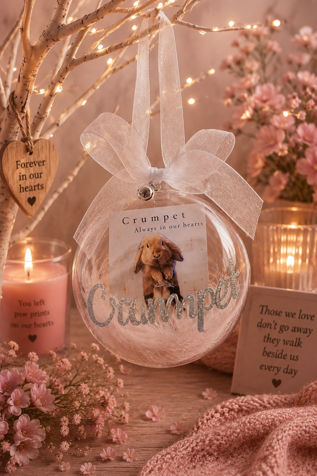 A personalized round clear bauble keepsake ornament with a white ribbon loop, featuring a printed photo of a rabbit and the name 'Crumpet' in silver script. The ornament is styled on a wooden surface with pink dried flowers, a lit candle, a knitted pink scarf, and warm fairy lights in the background.