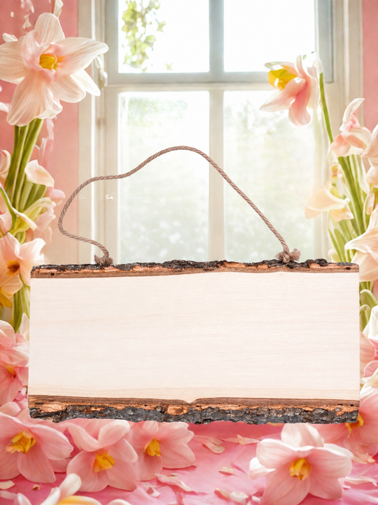 Wooden rustic plaque with pink flowers in front of a window