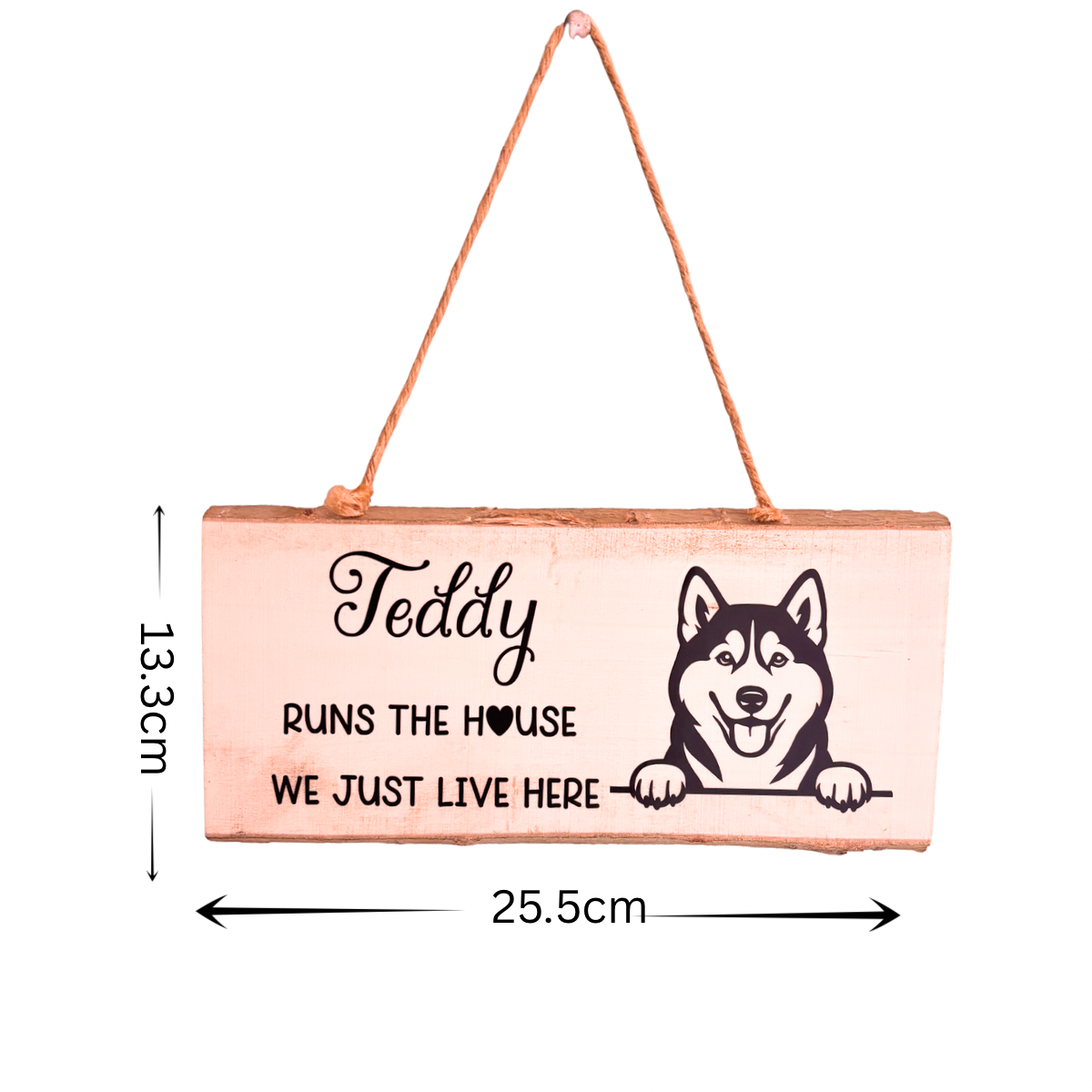 Wooden sign with a dog illustration and text, dimensions indicated.