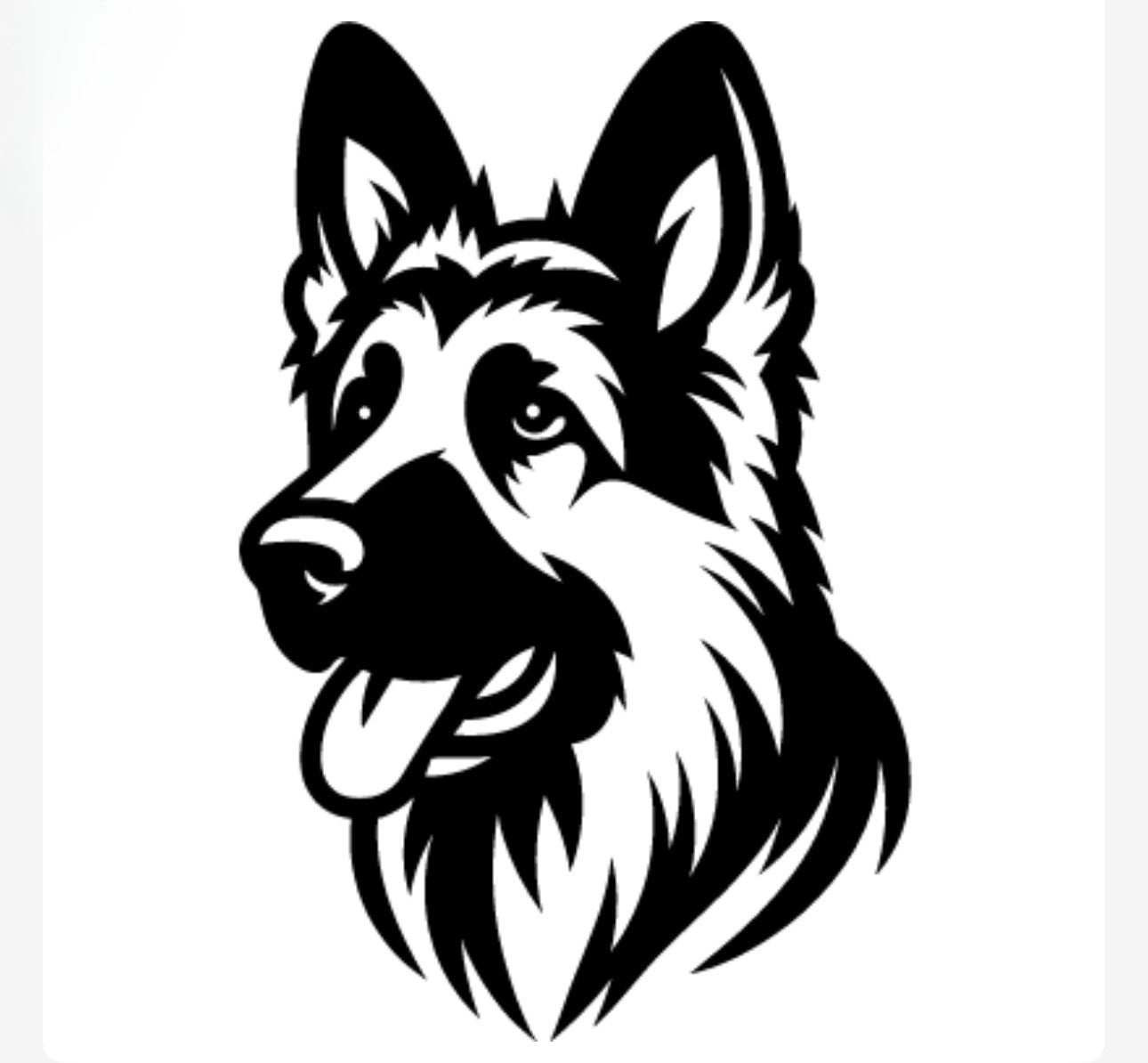 Black and white illustration of a German Shepherd dog's head on a white background