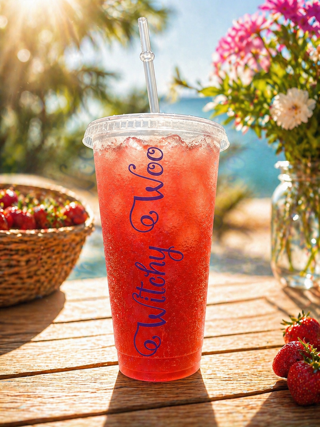 Personalised cup with strawberry drink in a clear cup with a straw, surrounded by strawberries and flowers on a wooden table.