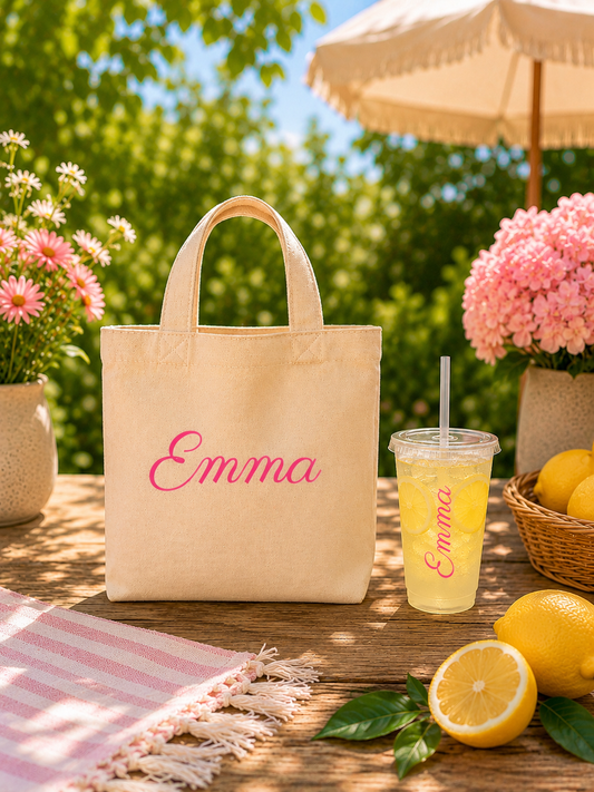 Beige tote bag with 'Emma' printed on it, next to a drink with a straw and lemons on a wooden table outdoors.