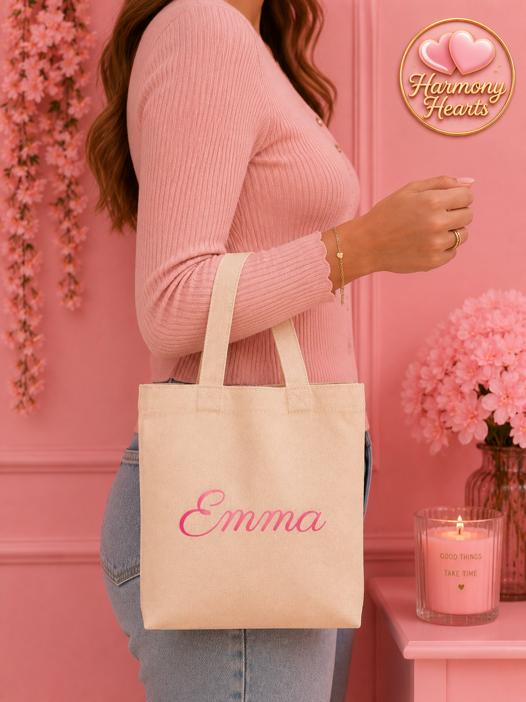 Mini tote bag with name and a lady holding the bag