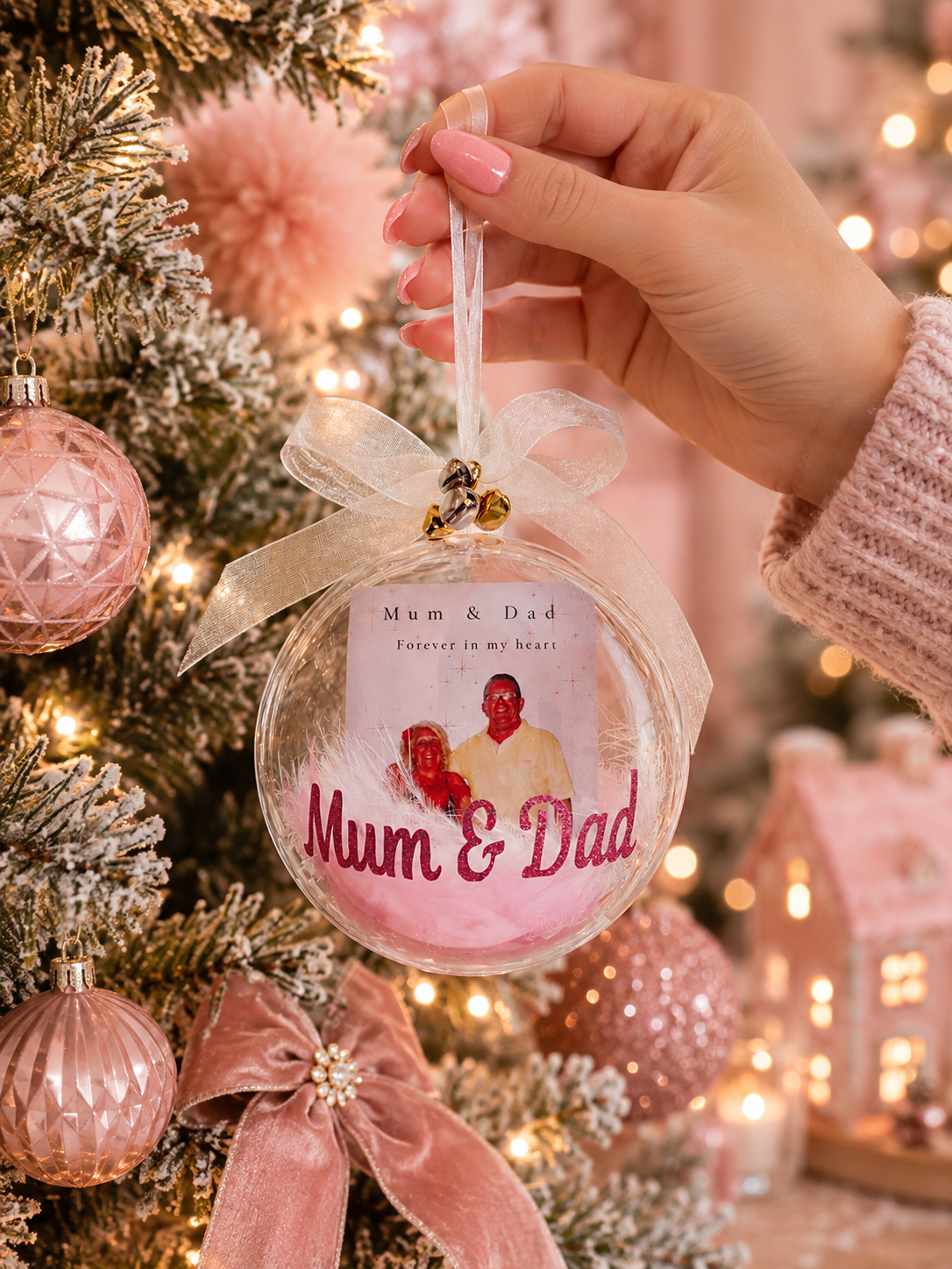 A hand with pink manicured nails holds a round clear glass Christmas ornament decorated with a white ribbon and small gold bells. The ornament features a printed photo of a couple with red roses and the text 'Mum & Dad' and 'Forever in my heart'.