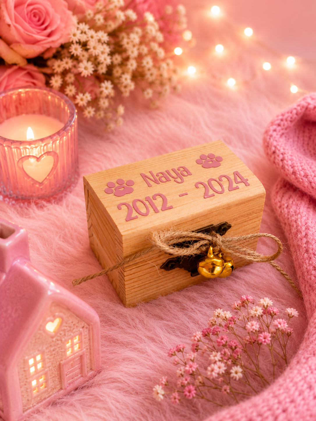 A personalized wooden keepsake box engraved with 'Naya 2012 - 2024' and paw prints, tied with twine and a small gold bell, styled on a pink faux fur surface with flowers, a candle, a pink house ornament, and a knitted pink blanket.
