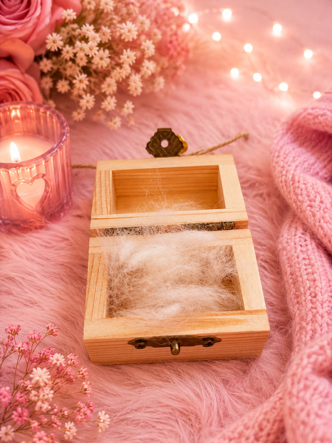 A small open wooden box filled with white fur, styled on a pink faux-fur surface with a pink knit blanket, dried flowers, a lit candle, and warm fairy lights.
