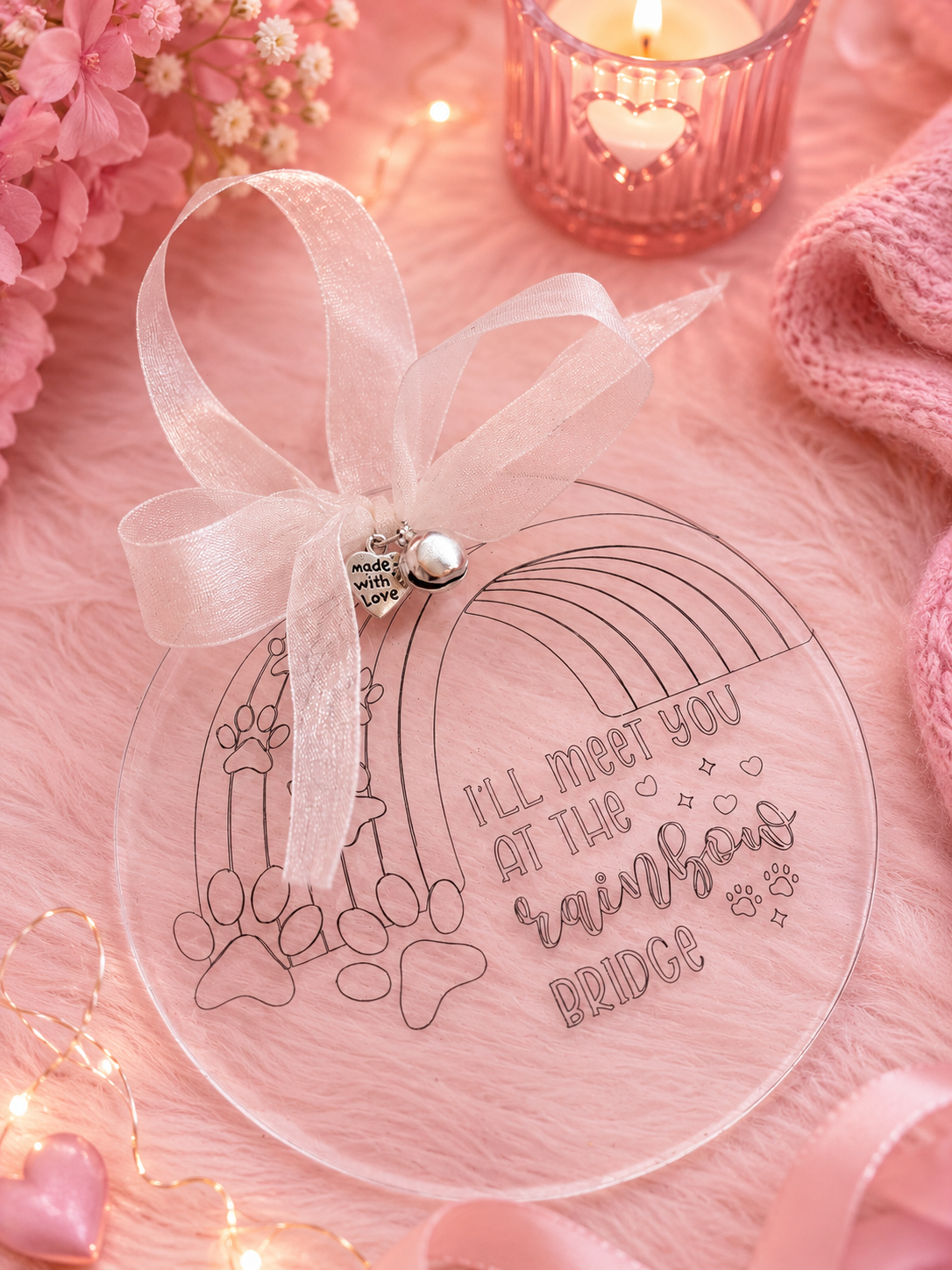 An acrylic decoaration engraved with the words I'll meet you at the Rainbow Bridge with white ribbon and a little silver bell styled on a soft pink background