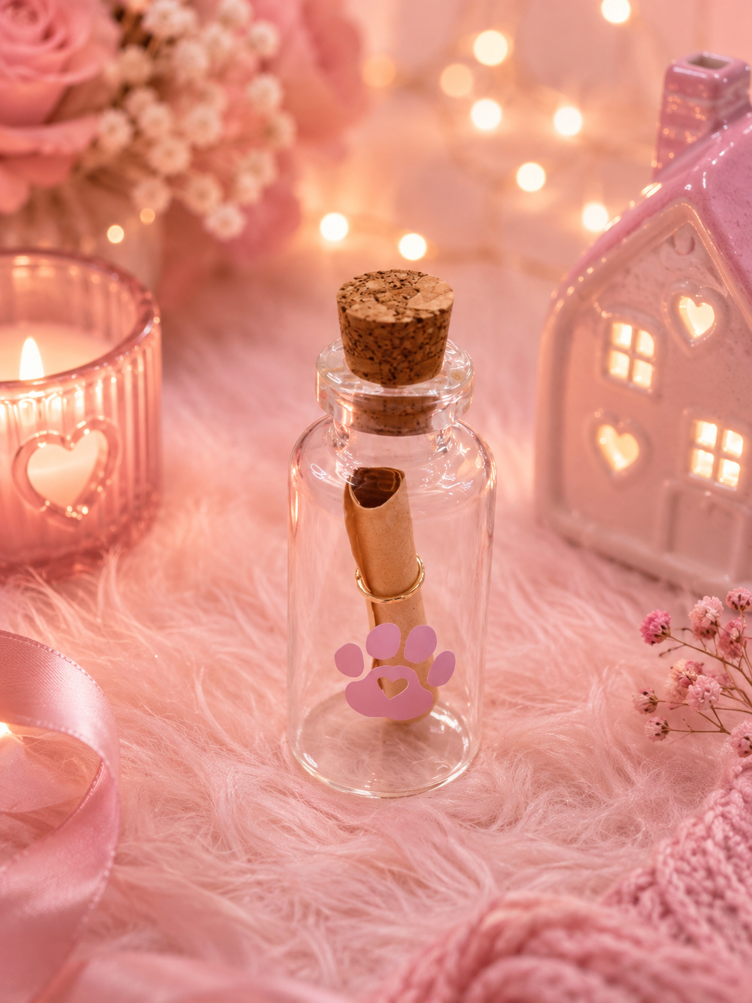 A small glass bottle with a pink pawprint and a small scroll inside styled on a soft pink background