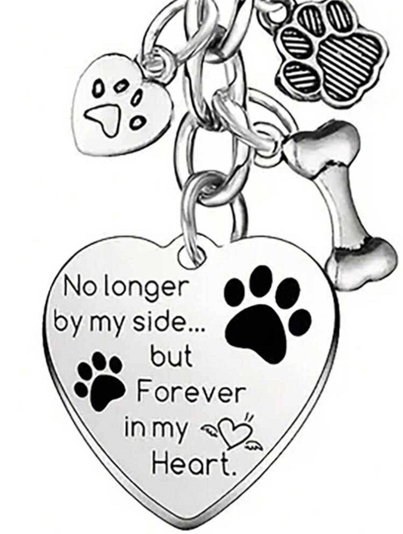 Silver tone keyring with bone pawprint and heart charms