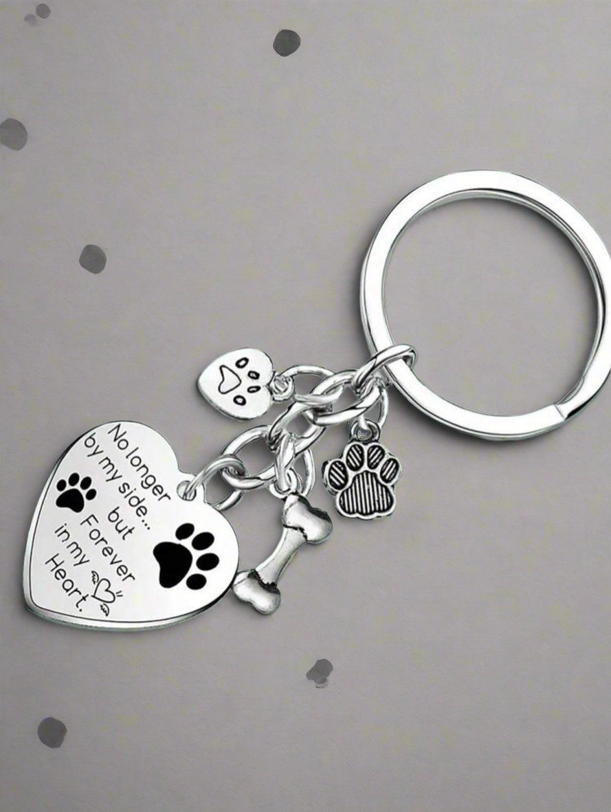 Silver tone memorial keepsake with heart bone and pawprint charm