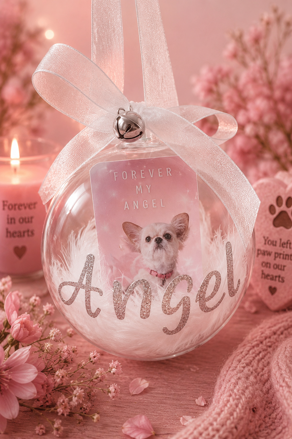 A clear pet memorial ornament hanging with a white ribbon, featuring a printed photo of a small dog, the words 'FOREVER MY ANGEL,' and 'Angel' in glittery script. The ornament is styled on a pink surface with candles, flowers, and a knitted pink scarf in the background.