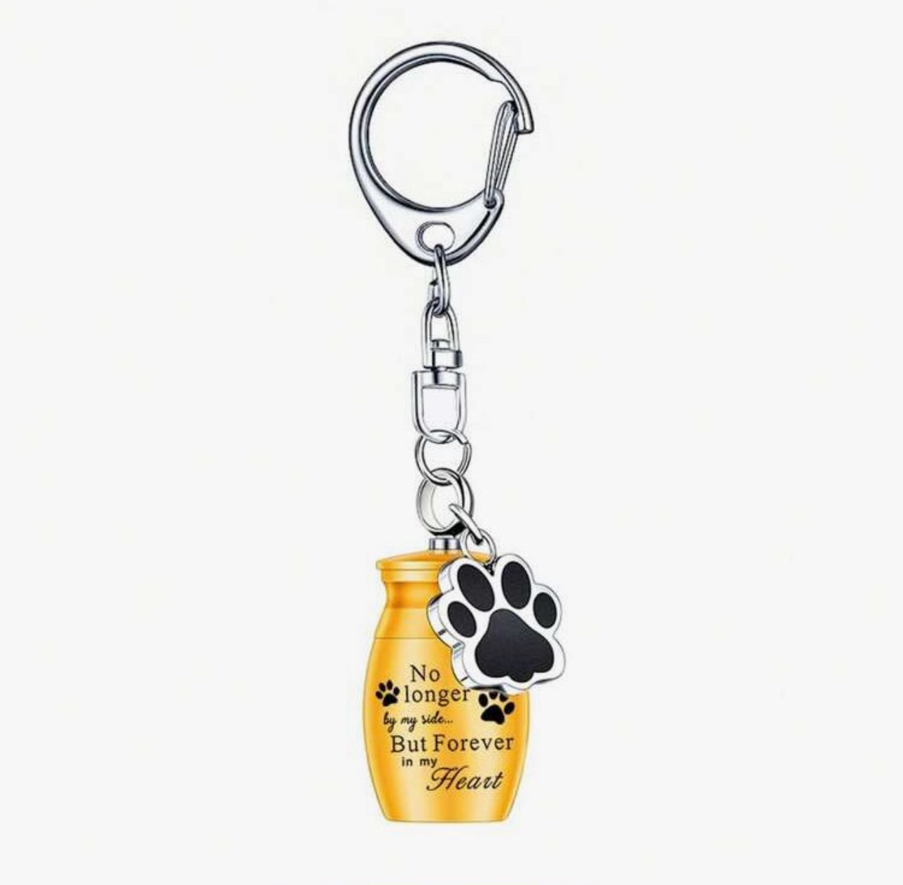 A stainless steel keyring featuring a mini urn charm with an engraved quote and a paw print charm attached to a black keychain.