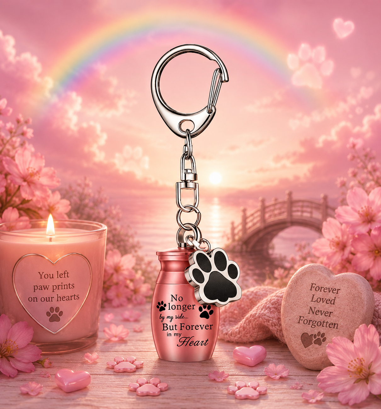 A pet memorial keychain featuring a silver metal clasp, a small pink keepsake bottle charm engraved with 'No longer in my heart But Forever in Heart', and a black-and-white paw print charm, displayed on a wooden surface with pink cherry blossoms, a lit candle, and a heart-shaped stone in a dreamy pink sunset landscape.