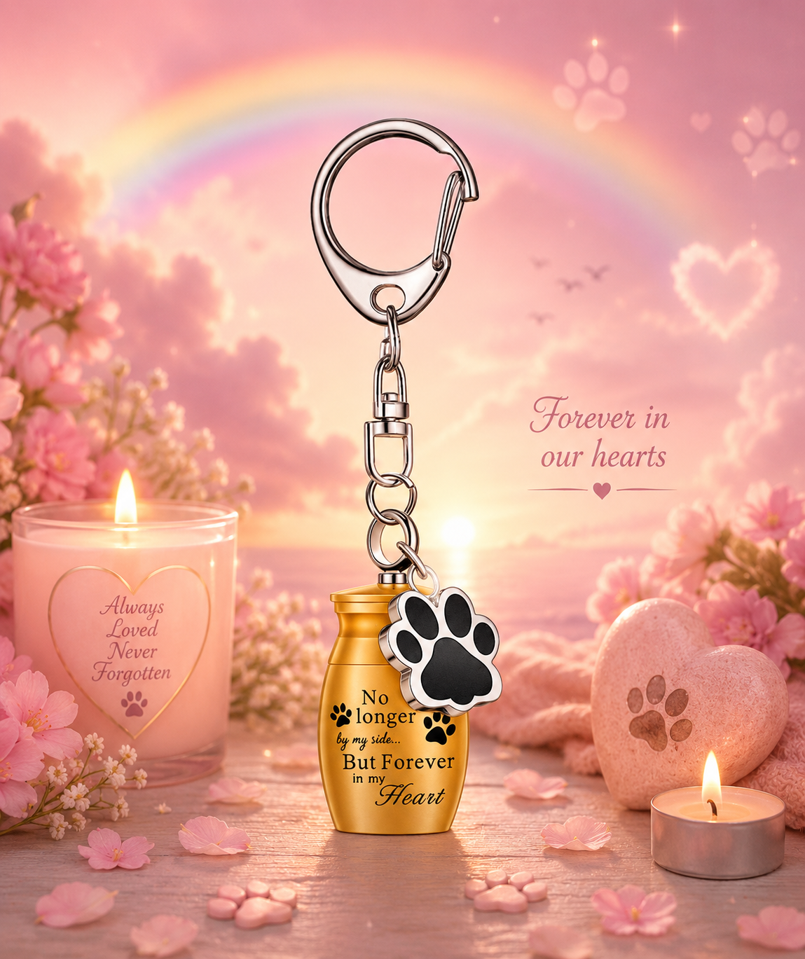 A pet memorial keychain featuring a small gold bottle charm with the text 'No longer by my side, But Forever in my Heart' and a black paw print charm, set against a dreamy pink background with a rainbow, hearts, and candles.