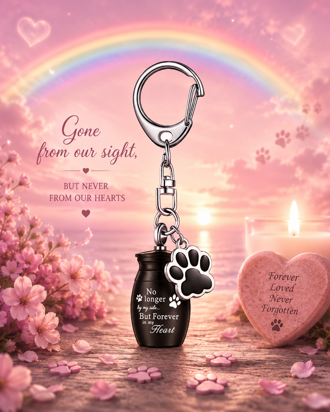 A pet memorial keychain featuring a small black urn charm with white text and a silver paw print, shown against a pink sunset background with a rainbow, flowers, a candle, and a heart-shaped keepsake.
