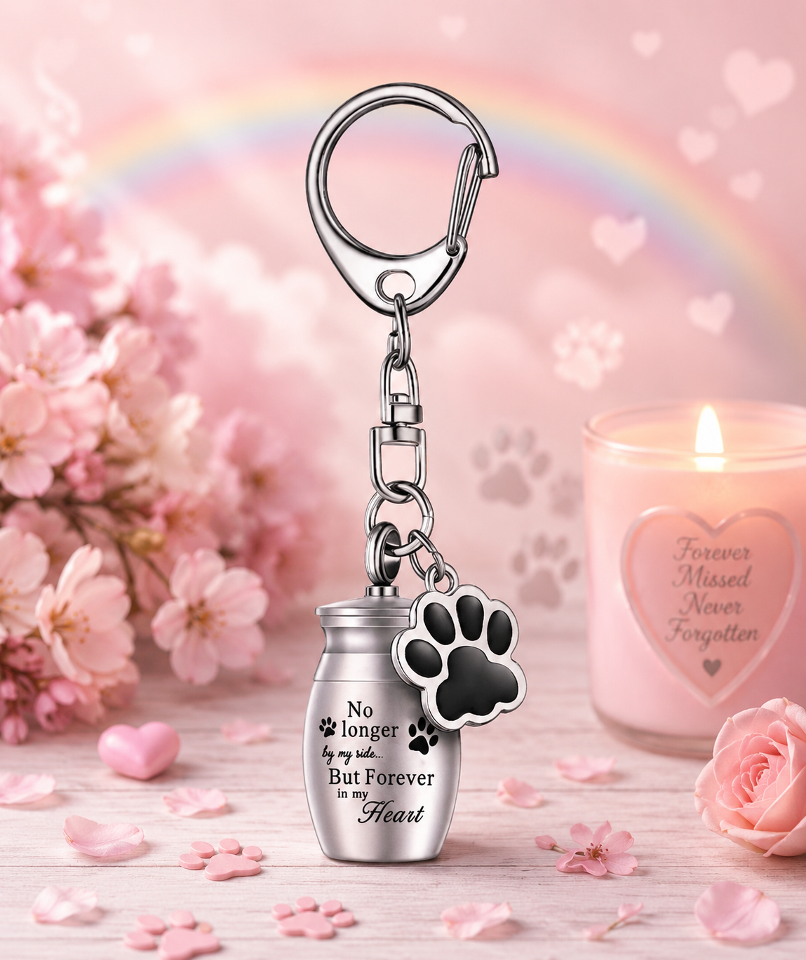 A silver pet memorial keychain featuring a small bottle charm engraved with 'No longer by side, But Forever in my Heart' and a black paw print charm, displayed against a soft pink background with cherry blossoms and a lit candle.