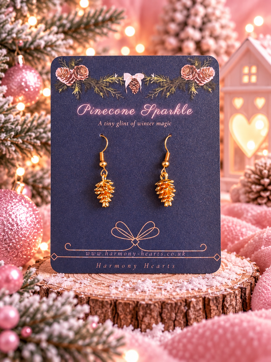 A pair of gold pinecone dangle earrings displayed on a dark navy blue card labeled 'Pinecone Sparkle' by Harmony Hearts, set against a festive Christmas background with pink ornaments, lights, and a small glowing house.