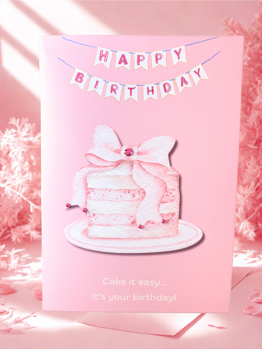 Birthday card with a cake illustration and 'Happy Birthday' text on a pink background.