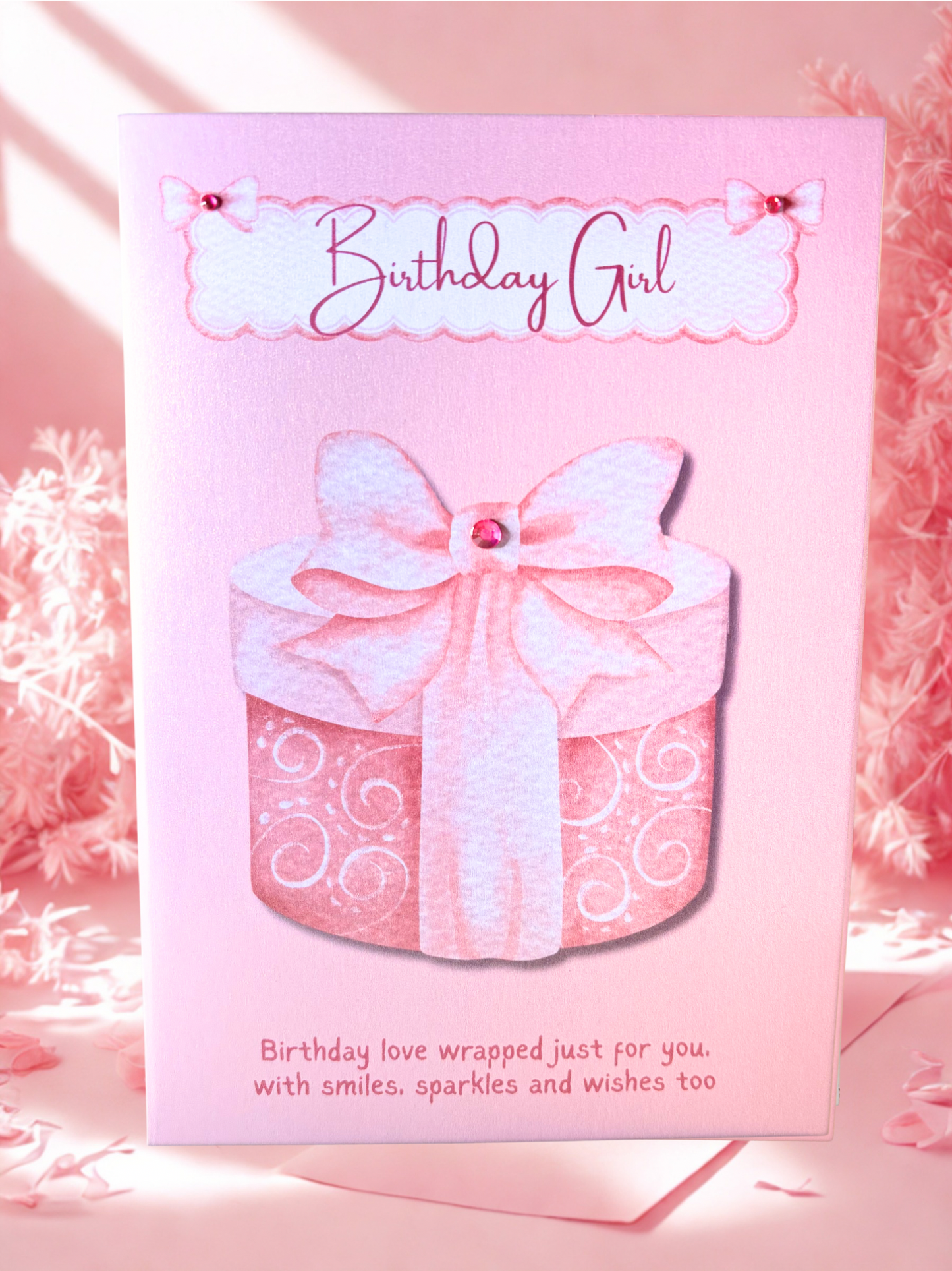 Pink birthday card with gift box and bow image and Birthday Girl text 