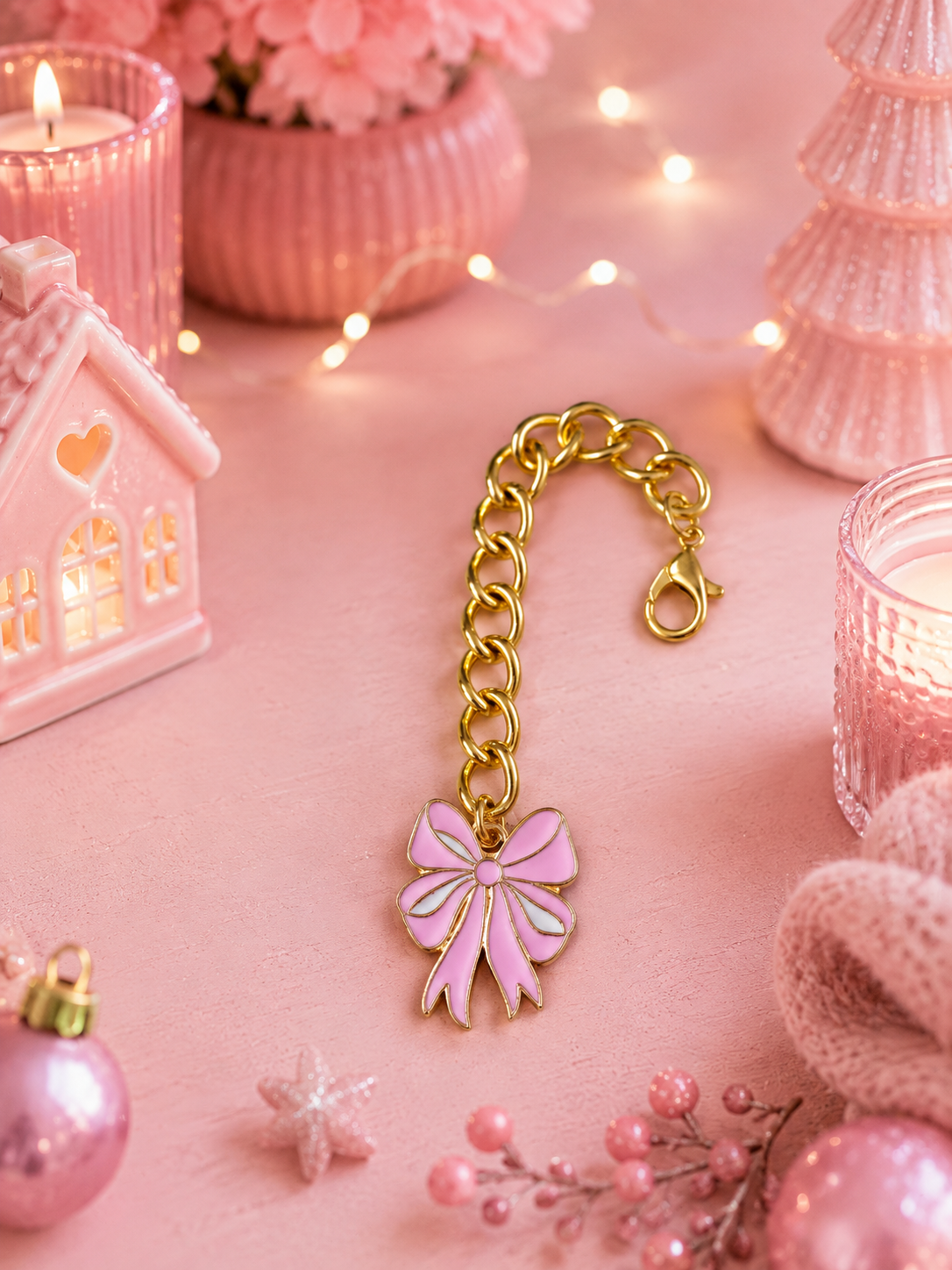A gold-tone chain bracelet with a bow-shaped charm in pastel pink and white enamel, styled on a pink surface with candles, fairy lights, and pink decorative props.