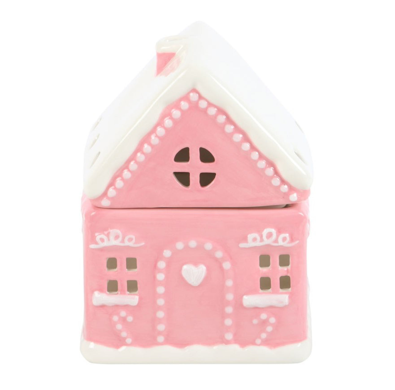 Pink house-shaped container with white accents on a white background
