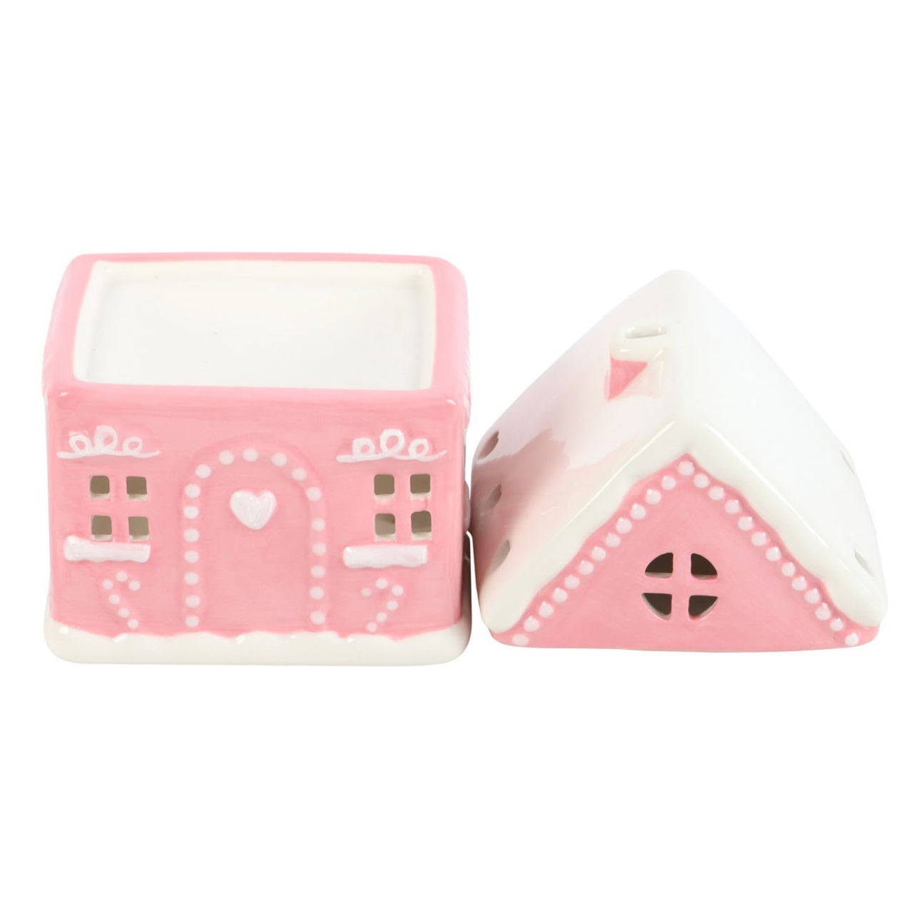 Two pink house-shaped blocks on a white background