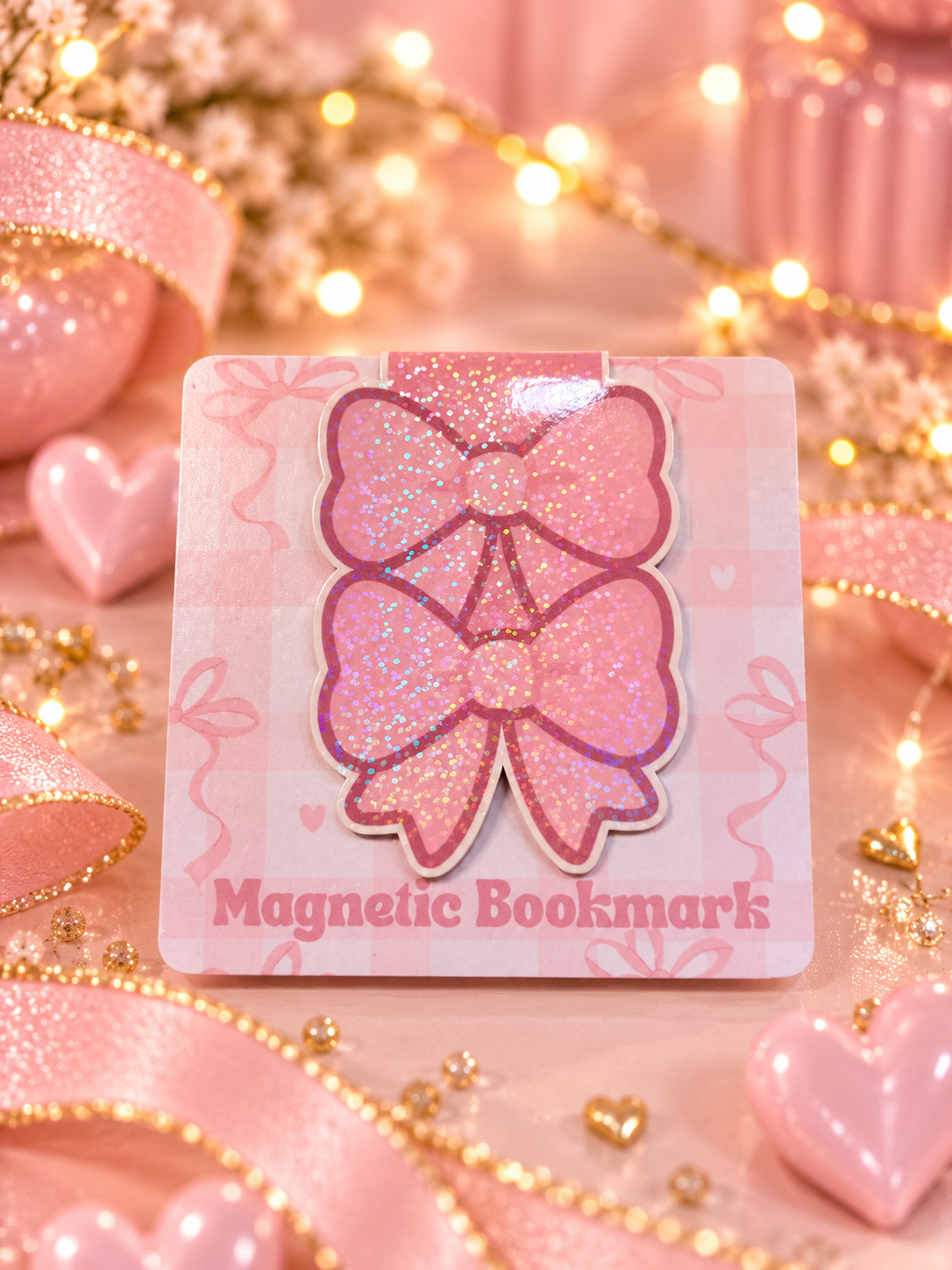 A pink glittery bow-shaped magnetic bookmark displayed on its printed backing card, surrounded by decorative pink ribbons, heart-shaped ornaments, and warm string lights.