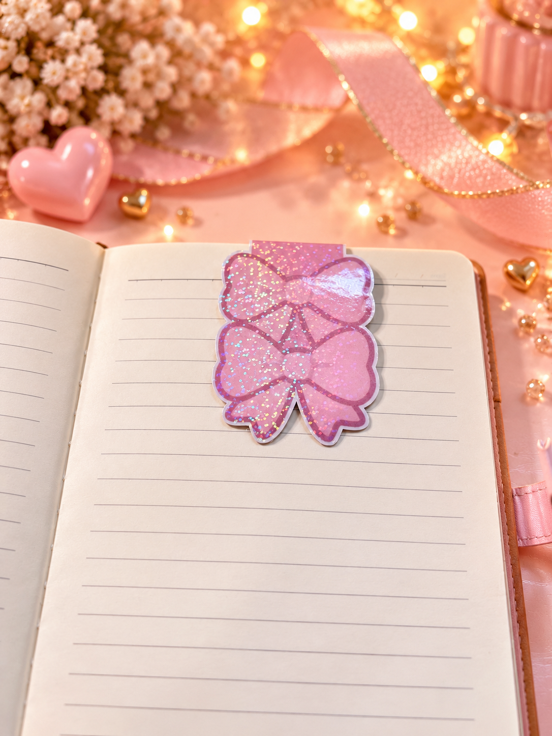 A pink glitter bow-shaped bookmark placed on an open lined notebook, surrounded by pastel pink decorative props ncluding a ribbon, heart-shaped object, beads, and warm string lights.
