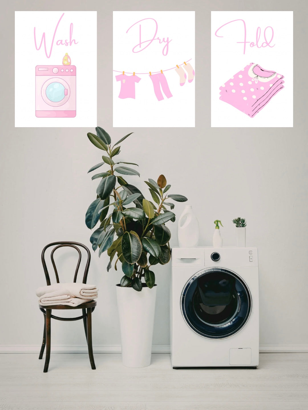Laundry-themed wall art prints above a washing machine and chair in a room.