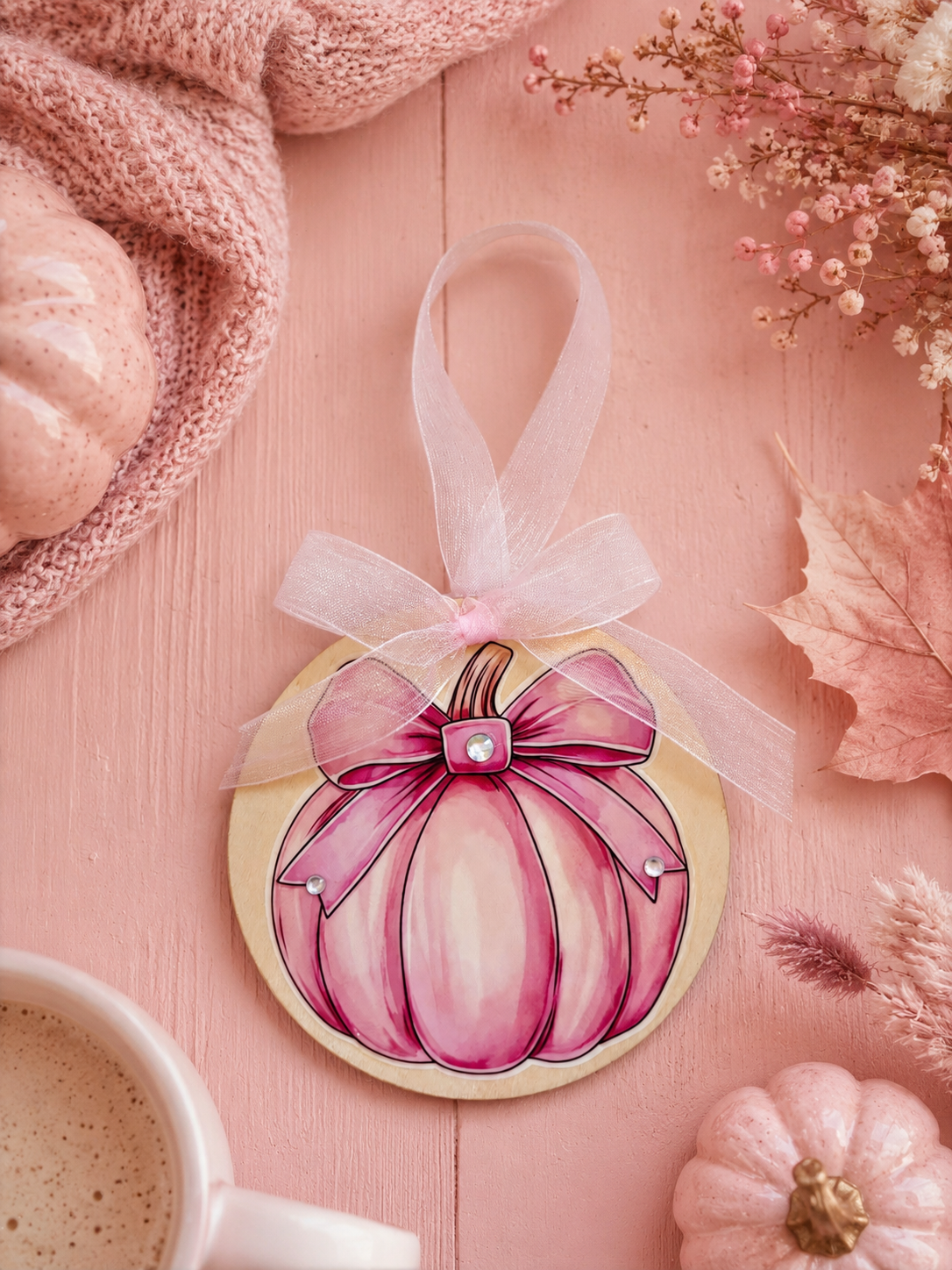 A round autumn-themed ornament featuring a painted pink pumpkin with a matching pink ribbon bow, hanging on a pink wooden surface with fall decor including a knit blanket, dried leaves, a small pumpkin, and a cup of coffee.