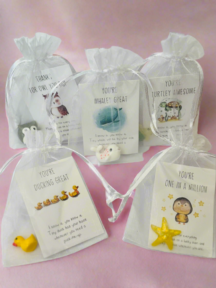 Inspirational Animal Pocket Favours — cute mini animal charms with uplifting message cards in organza bags, perfect for gifts, school rewards, or kindness tokens