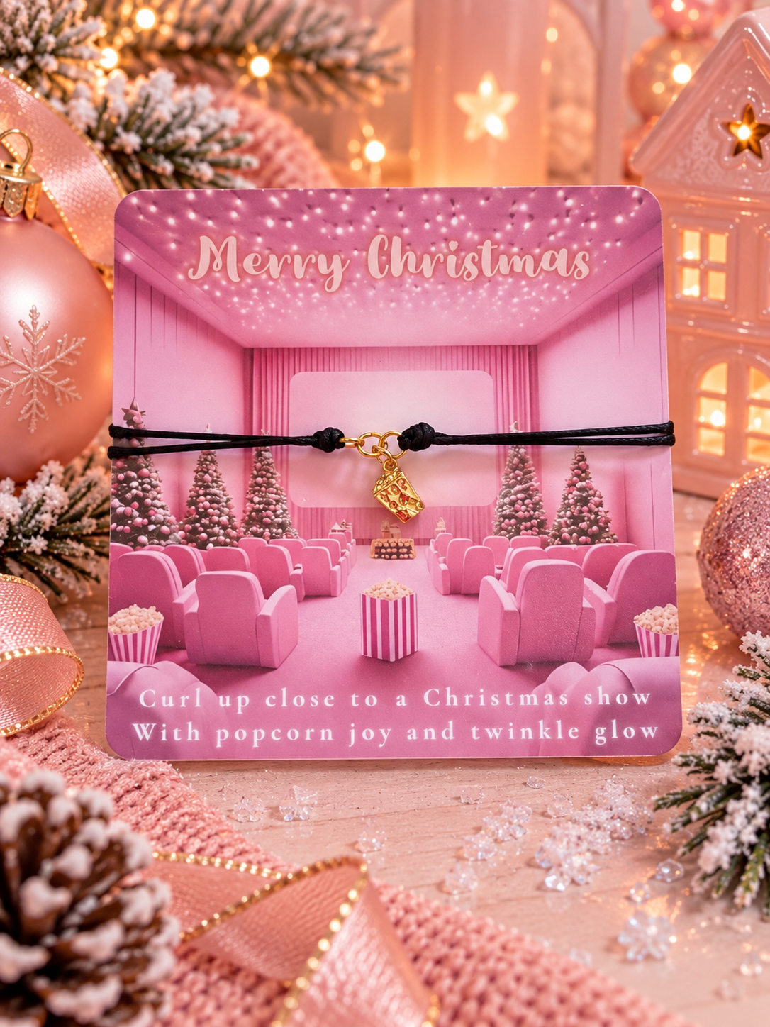 A pink Christmas-themed card with a gold popcorn charm bracelet. The card features an illustration of a cozy pink movie theater and the text 'Merry Christmas Curl up close to a Christmas show With popcorn joy and twinkle glow'.