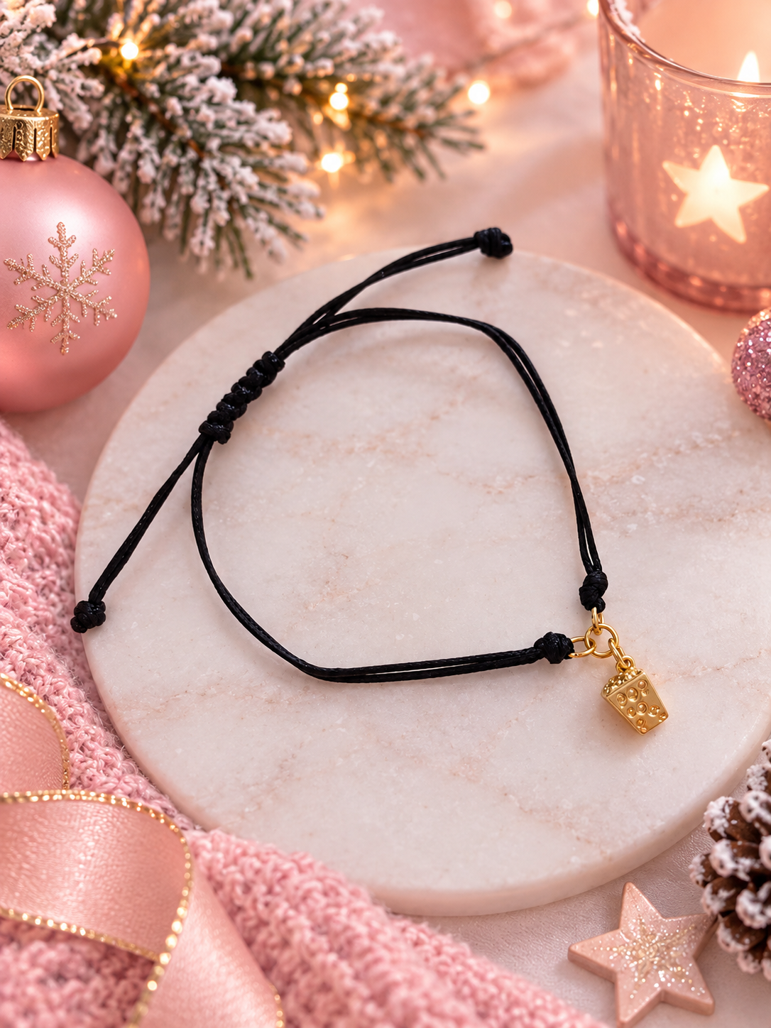 A black cord bracelet with a small gold popcorn charm, displayed on a round white marble tray surrounded by pink holiday decorations, a pink knit blanket, and warm string lights.