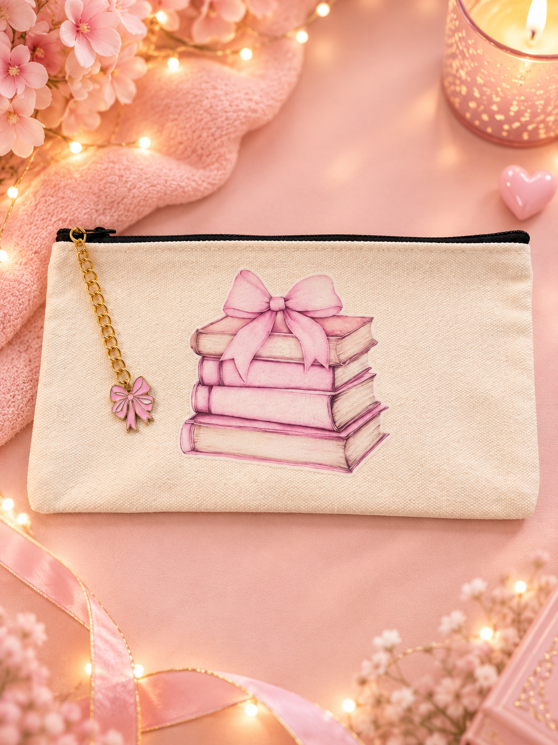 A cream-colored canvas pouch featuring a pink illustration of stacked books tied with a bow, complete with a gold chain and pink bow charm, set against a pink background decorated with flowers and fairy lights.