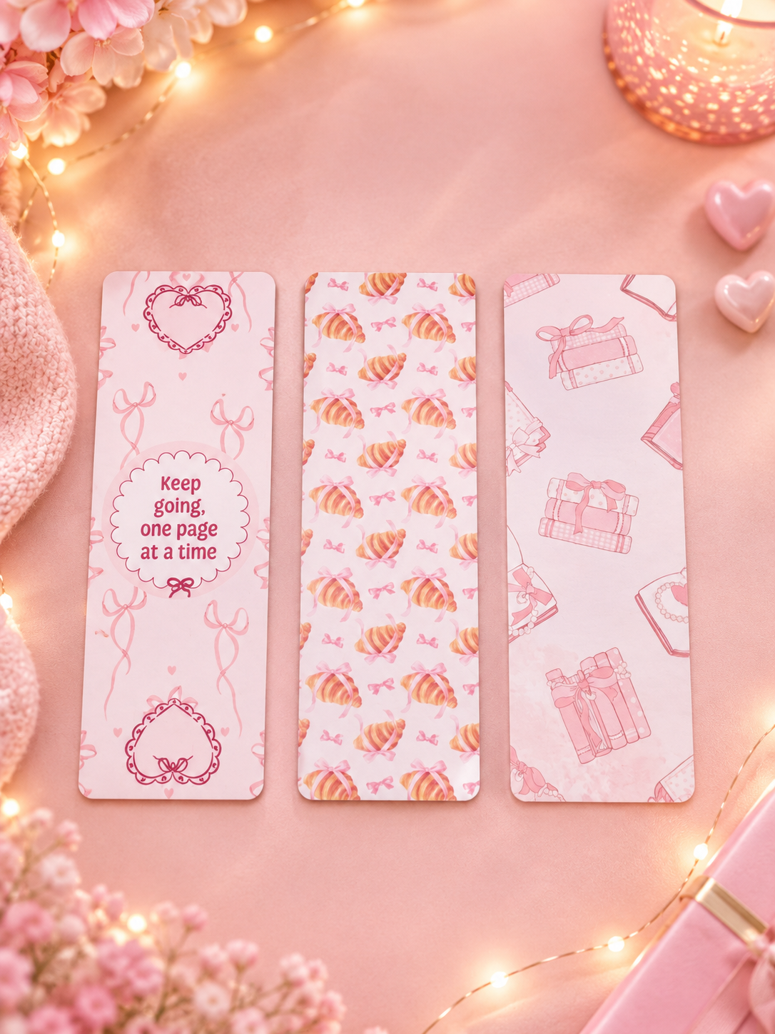 Three decorative bookmarks laid flat on a pink surface with warm fairy lights and floral props around them. The bookmarks are white with pink and peach illustrations: one has pink ribbon motifs and a quote reading 'Keep going, one page at a time'; one shows repeating peach and pink pastry patterns; one has pink gift box illustrations.