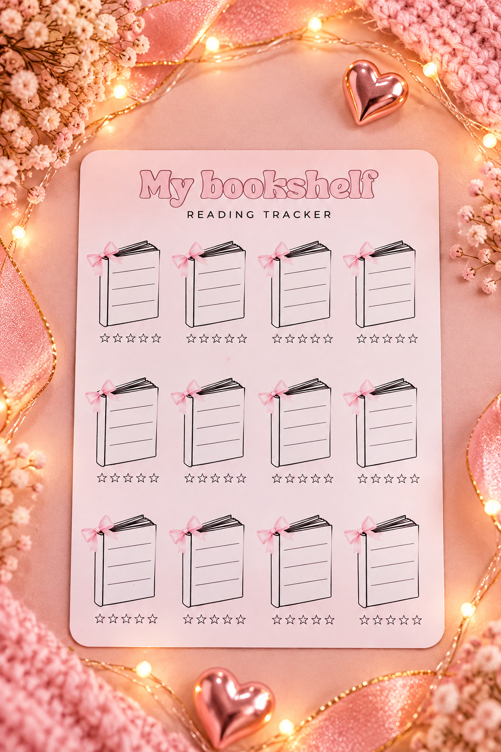 A pink reading tracker sheet labeled 'My bookshelf READING TRACKER' with twelve book icons and star rows, styled on a pink background with fairy lights, ribbon, and decorative hearts.