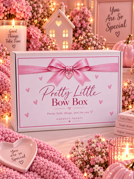 A pink and white 'Pretty Little Bow Box' by Harmony Hearts is displayed in a cozy, romantic setting decorated with pink flowers, candles, and fairy lights.