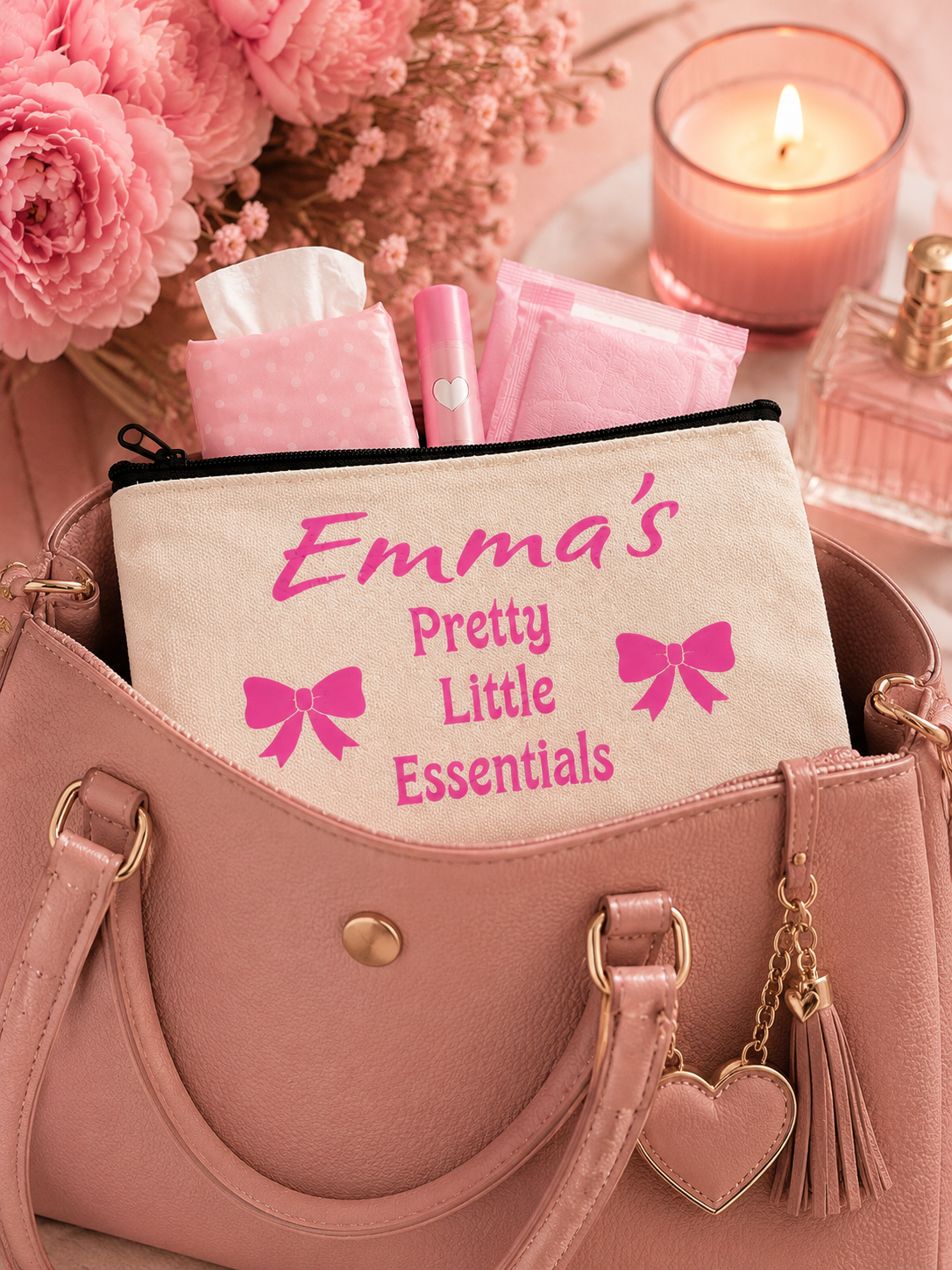 Pink handbag with 'Emma's Pretty Little Essentials' pouch, pink flowers, and candle in the background.