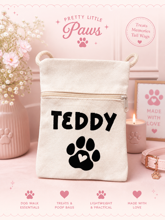 White pet treat bag with 'TEDDY' and paw print design on a pink background with decorative elements.