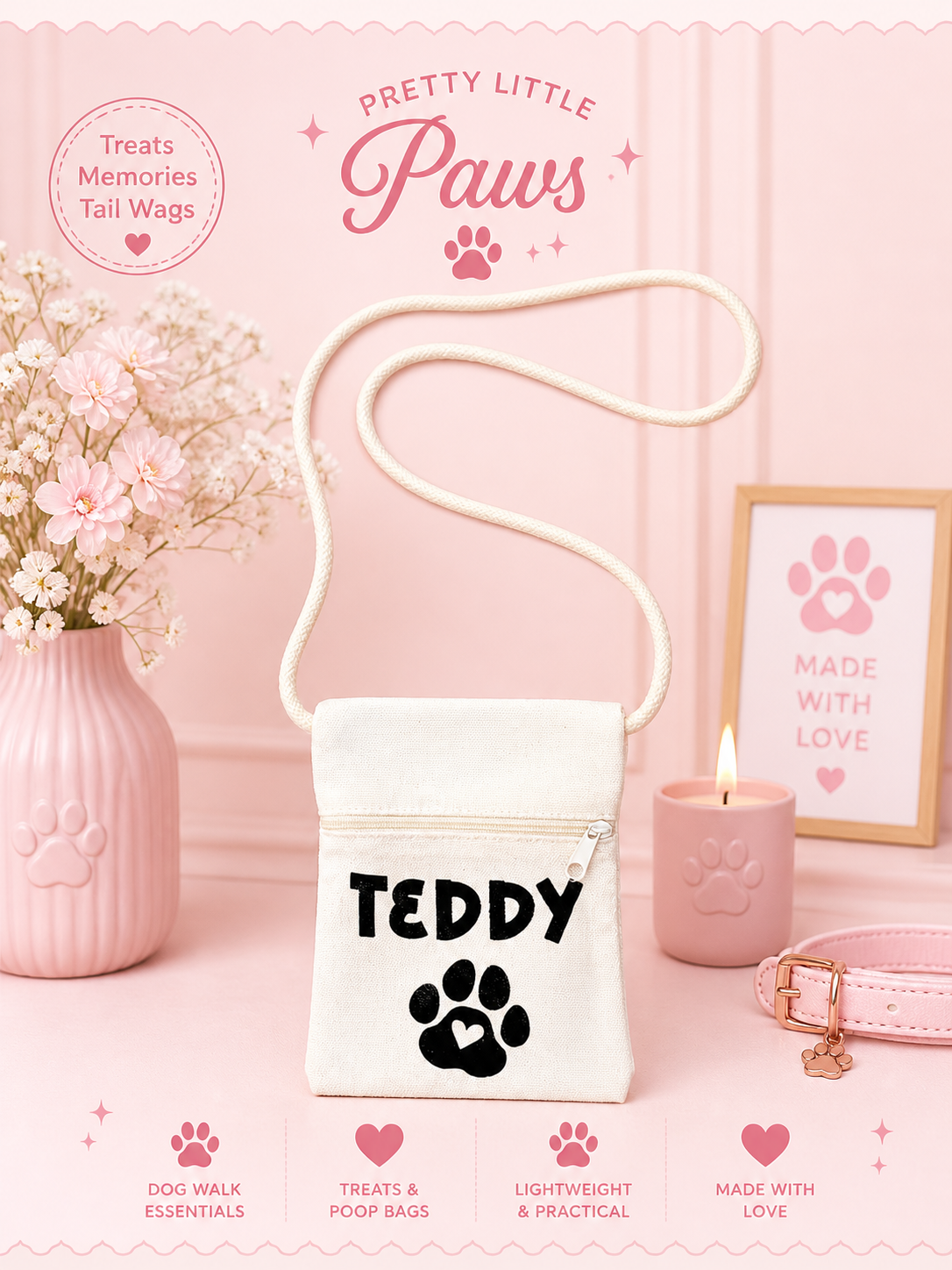 Dog product with 'Teddy' branding on a pink background, featuring a candle and decorative elements.