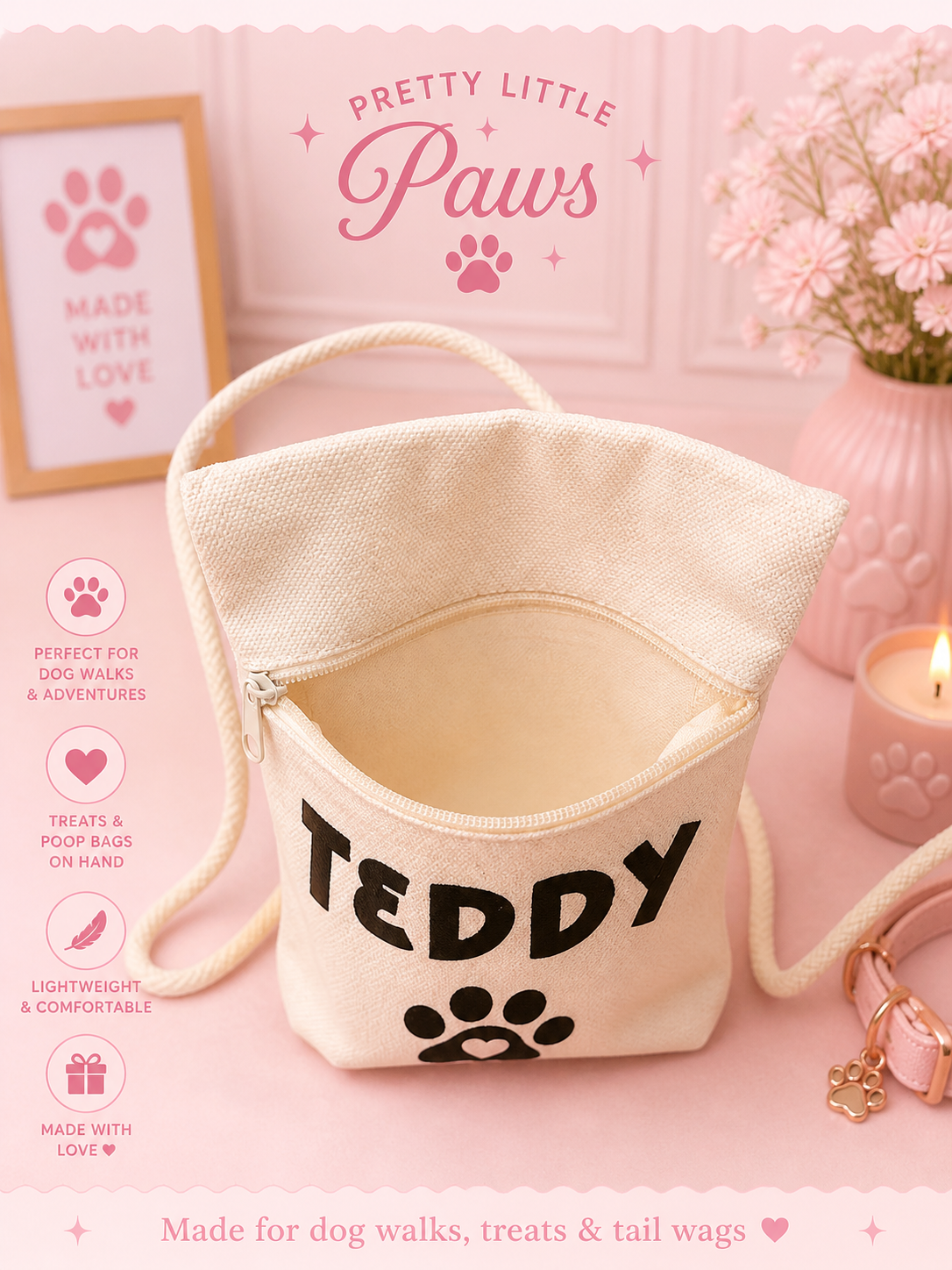 Dog pouch with zip personalised with the name Teddy 