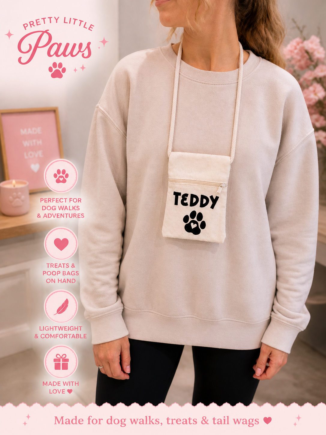Person with a personalised dog walking pouch with 'Teddy' bag attached.