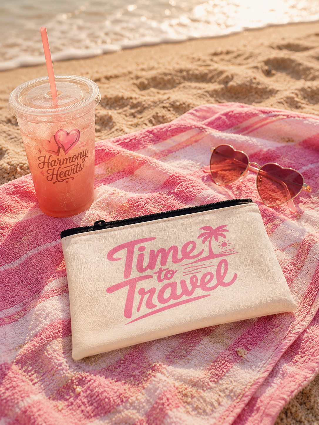 Beach scene with a pink drink, pouch, and sunglasses on a towel.