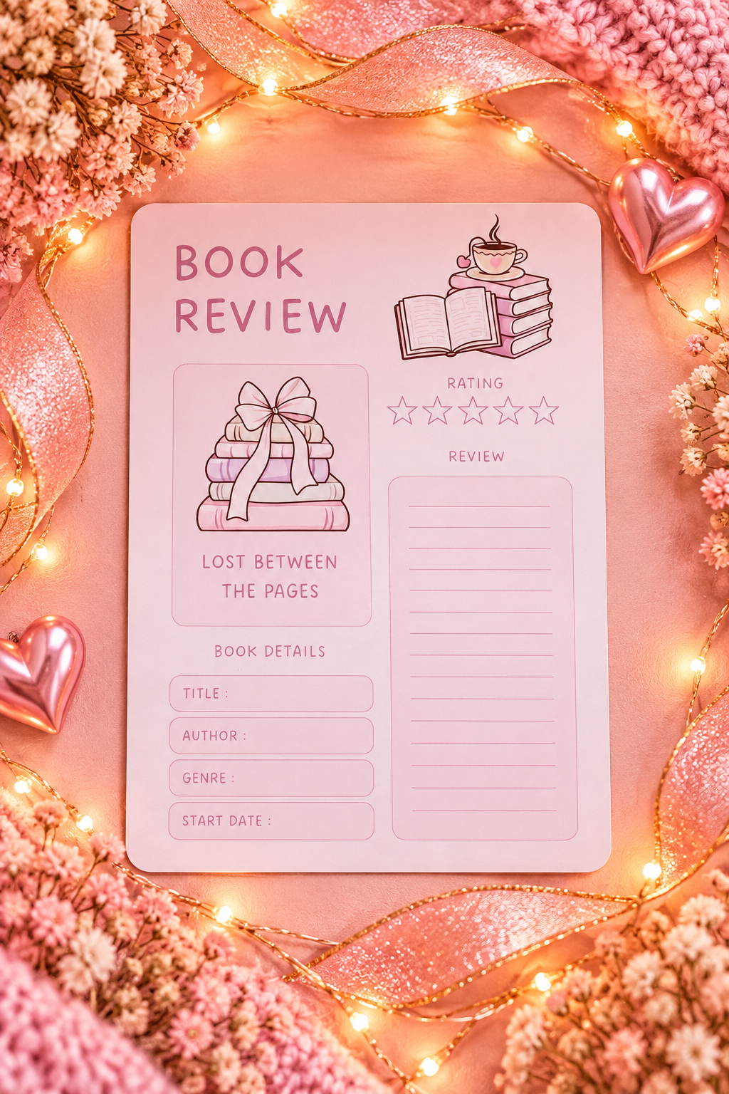 Pink book review sheet with books and coffee and bow illustrations with places to write a review, a rating, and book details. Set on a soft pink background with fairy lights and ribbons