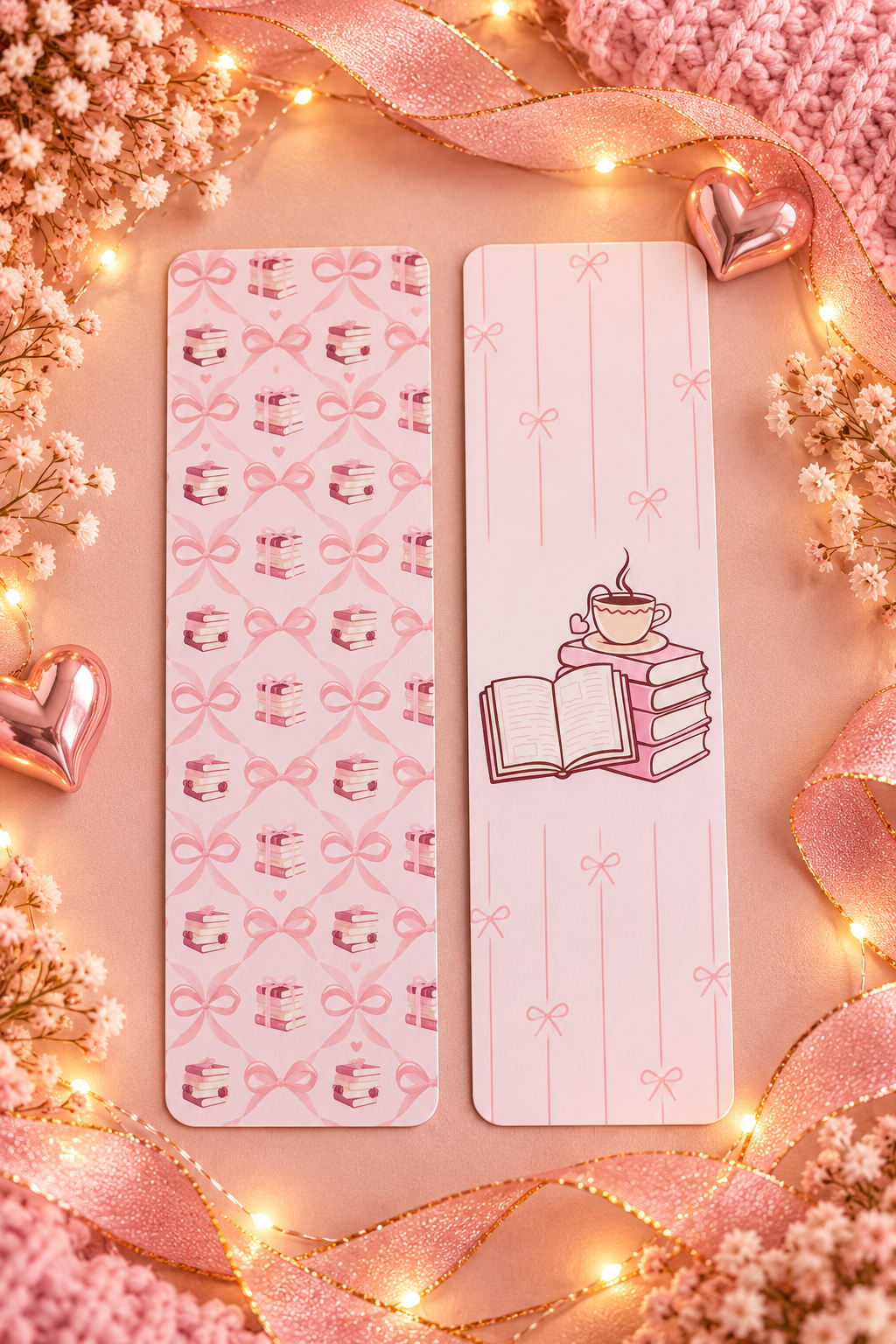 2 pink laminated bookmarks one with a book stack and coffee and one with books and bows. Set on a pastel pink background with ribbons and fairy lights